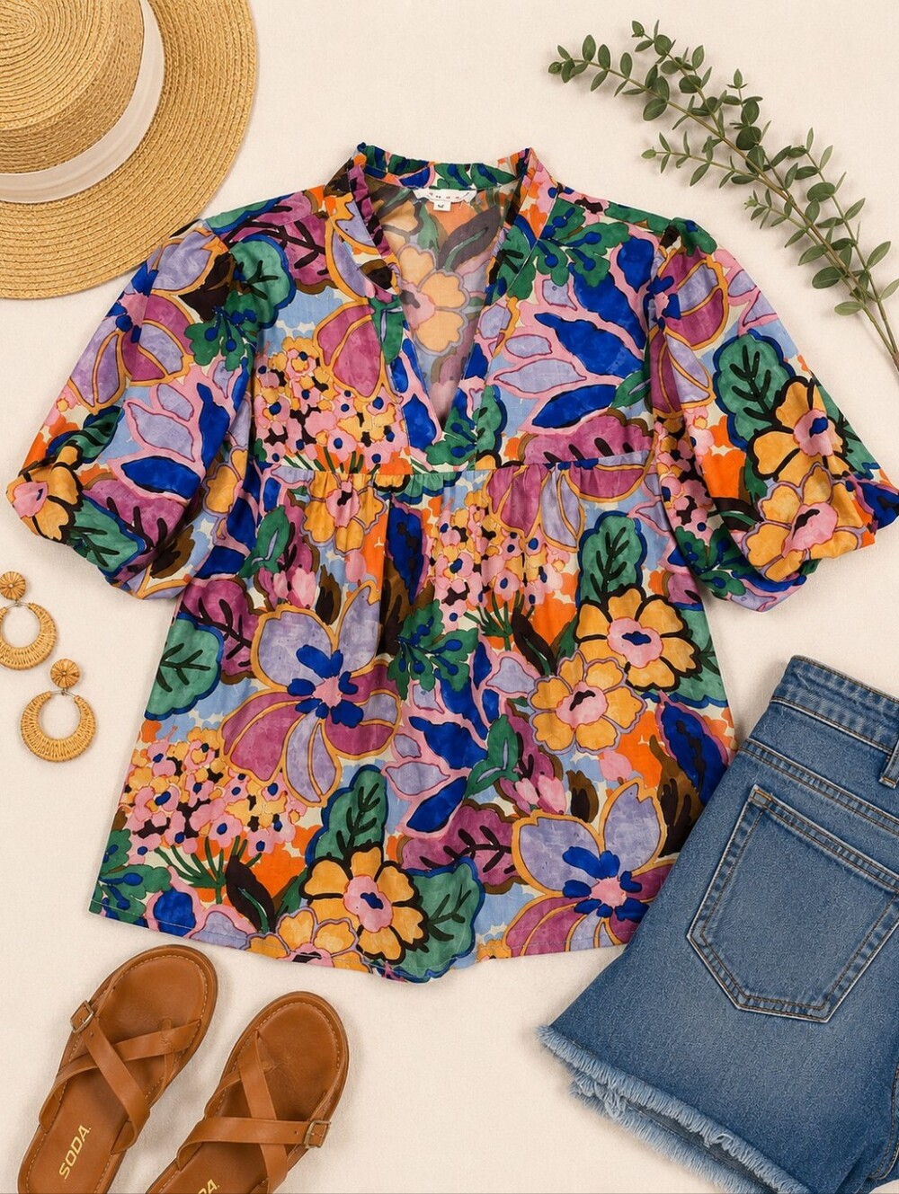 NWOT TMHL watercolor Floral 3/4 Ballon Sleeve Babydoll Cotton Shirt. Ladies Sm